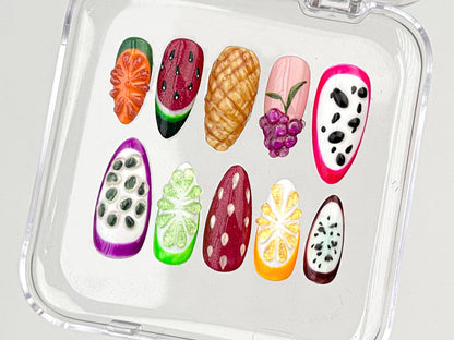 Fruit-themed Press On Nails for a Splash of Color | Tropical Delight On Fake nails | Vibrant Fruit Delight Nail Art | Acrylic Nails | HD360T