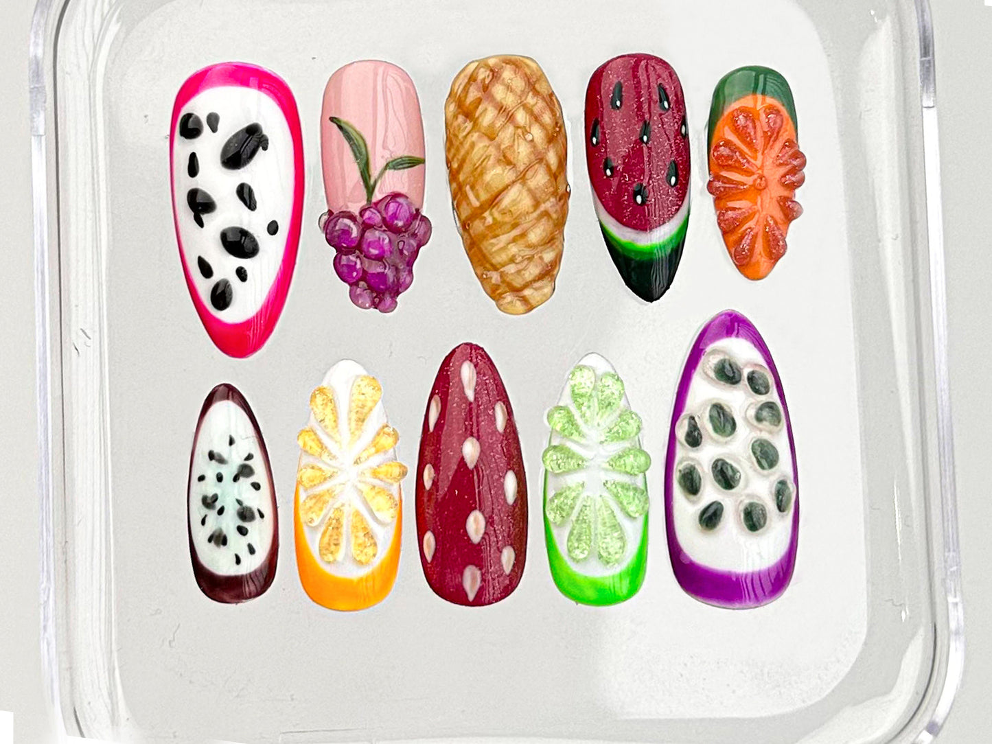 Fruit-themed Press On Nails for a Splash of Color | Tropical Delight On Fake nails | Vibrant Fruit Delight Nail Art | Acrylic Nails | HD360T