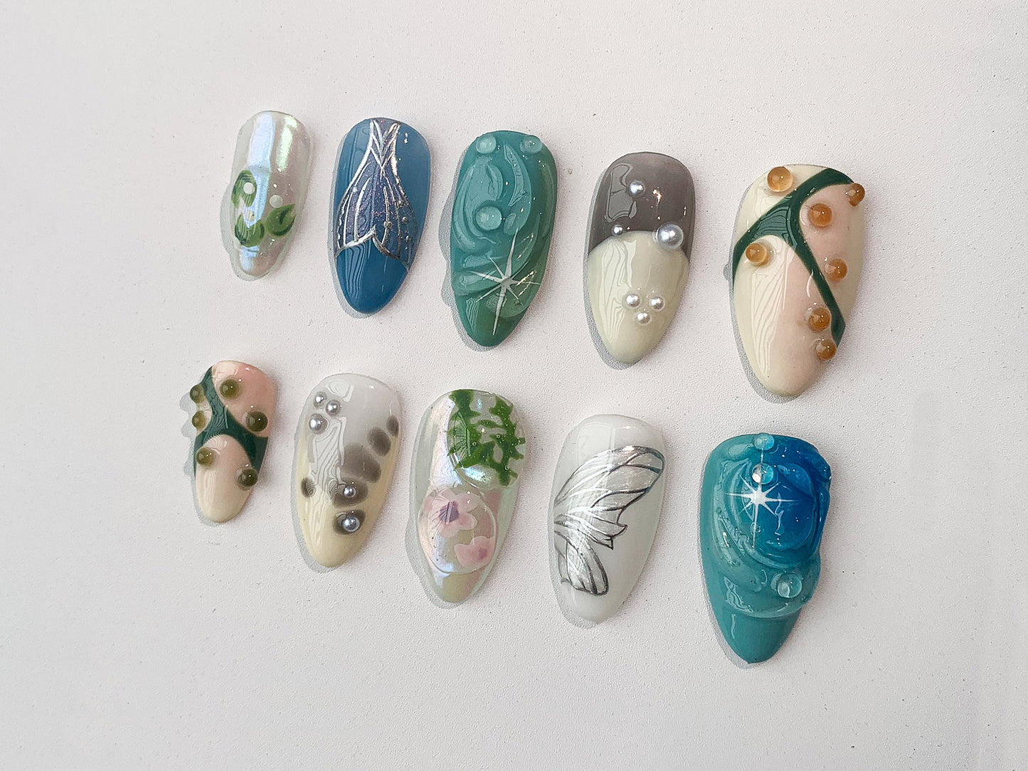 Free Style 3D Gel on Almond Press On Nails | Acrylic Nail Art, Luxury Handmade Fake Nails | Fairycore Nails | Mermaid Nails | Abstract |J98A