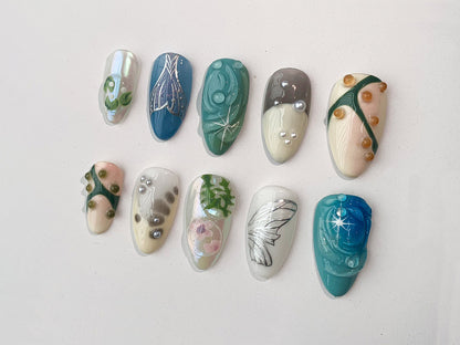 Free Style 3D Gel on Almond Press On Nails | Acrylic Nail Art, Luxury Handmade Fake Nails | Fairycore Nails | Mermaid Nails | Abstract |J98A