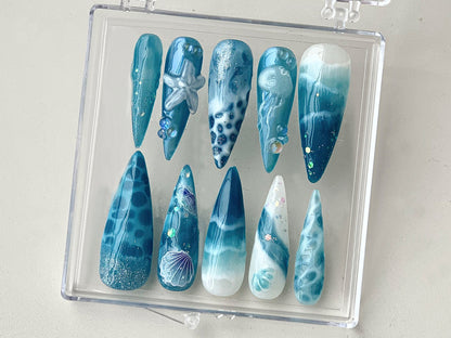 Ocean-inspired Press On Nails | Ocean nailss and Starfish Design On Fake Nails | ocean nails |Jellyfish Pattern on Acrylic nails| HD361TH