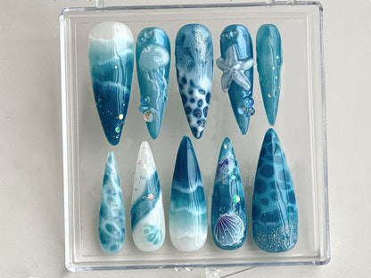 Ocean-inspired Press On Nails | Ocean nailss and Starfish Design On Fake Nails | ocean nails |Jellyfish Pattern on Acrylic nails| HD361TH