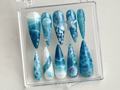 Ocean-inspired Press On Nails | Ocean nailss and Starfish Design On Fake Nails | ocean nails |Jellyfish Pattern on Acrylic nails| HD361TH