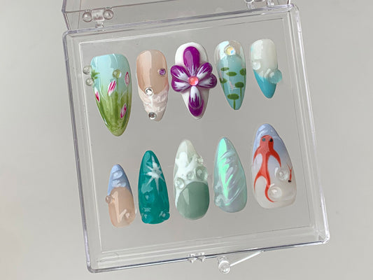 Ocean Theme Press On Nails - Beach Inspired Fake Nails | Handpainted Flower Nail Art | Ocean-Inspired Press On Nails | Ocean nails | HD305T