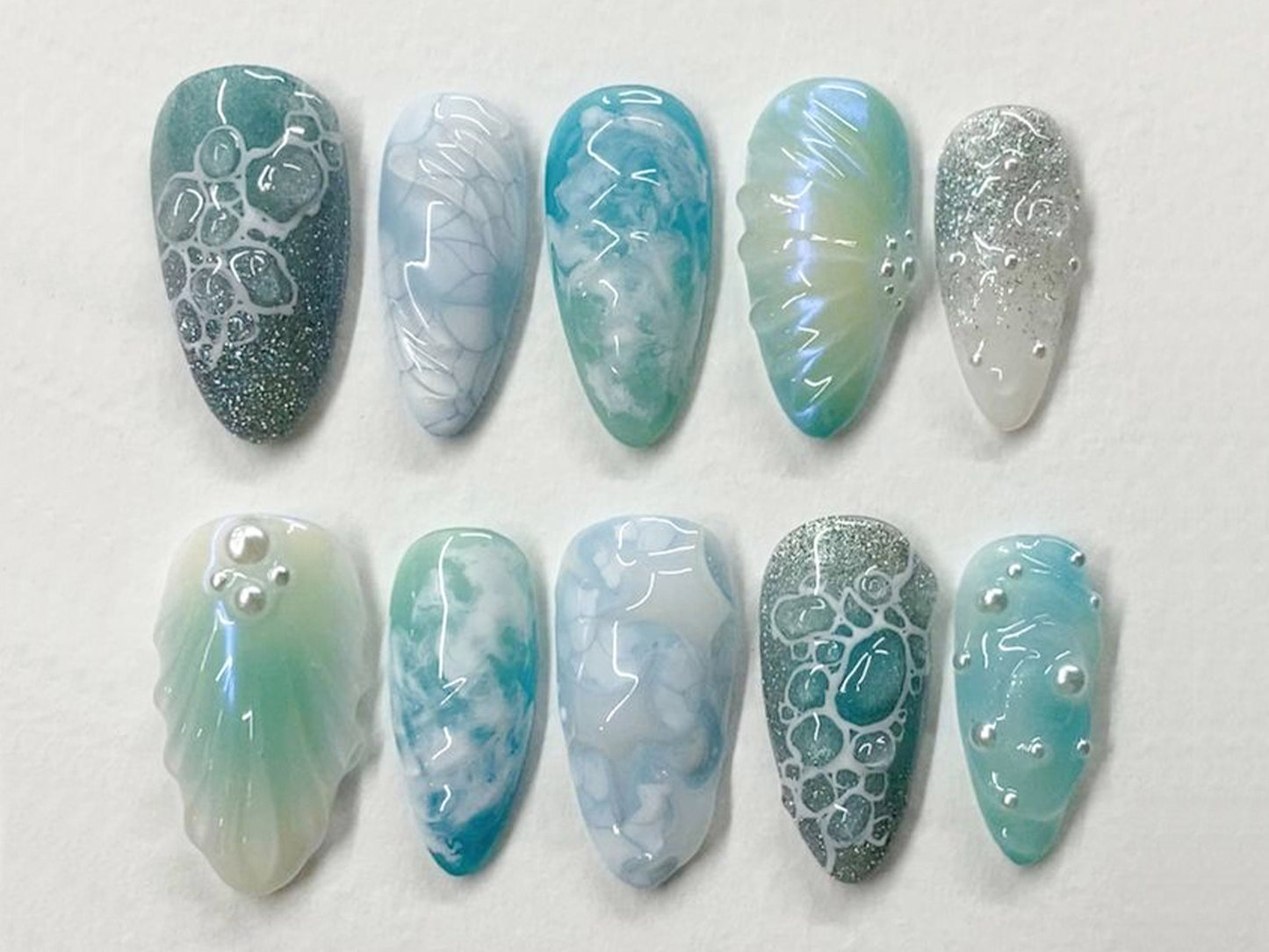 Free Style Blue Mermaid Almond Press On Nails | Handpainted Fake/False Nails | Prom,Event,Birthday Nails | Goth,Gothic,Y2K,Aura Nail | J218S