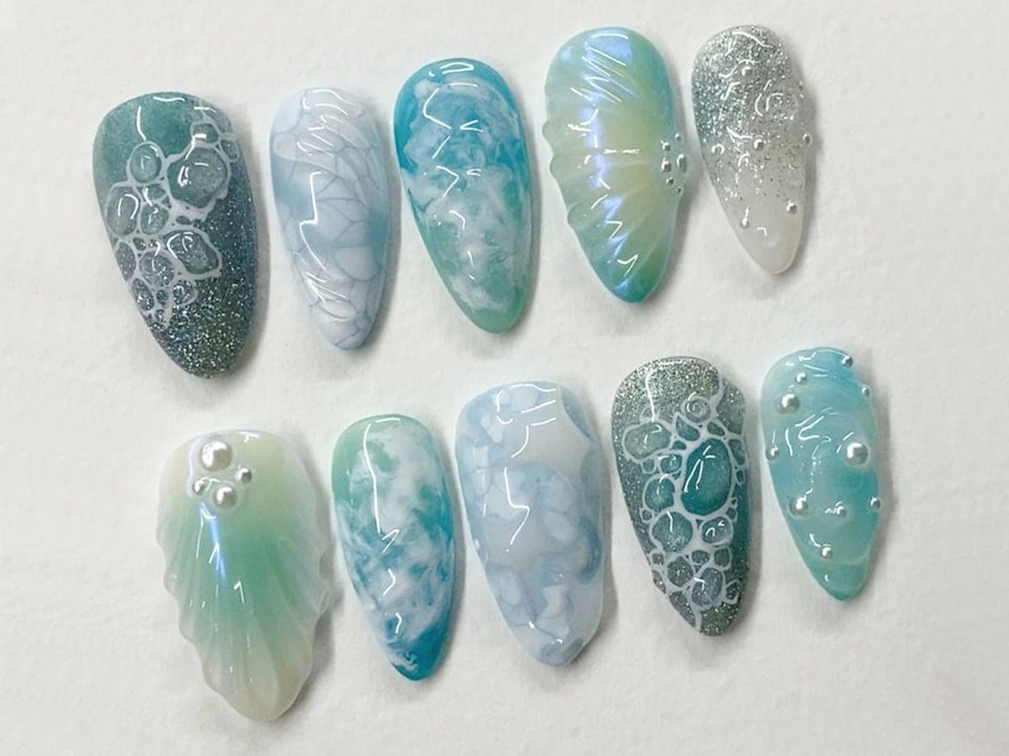 Free Style Blue Mermaid Almond Press On Nails | Handpainted Fake/False Nails | Prom,Event,Birthday Nails | Goth,Gothic,Y2K,Aura Nail | J218S