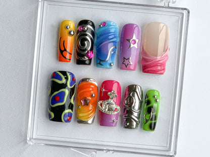 Vibrant Handcrafted Press On Nails | Colorful, Artistic Fake Nails | Globe charms on Acrylic Nails | Trendy and Unique Nail Art | HD376T