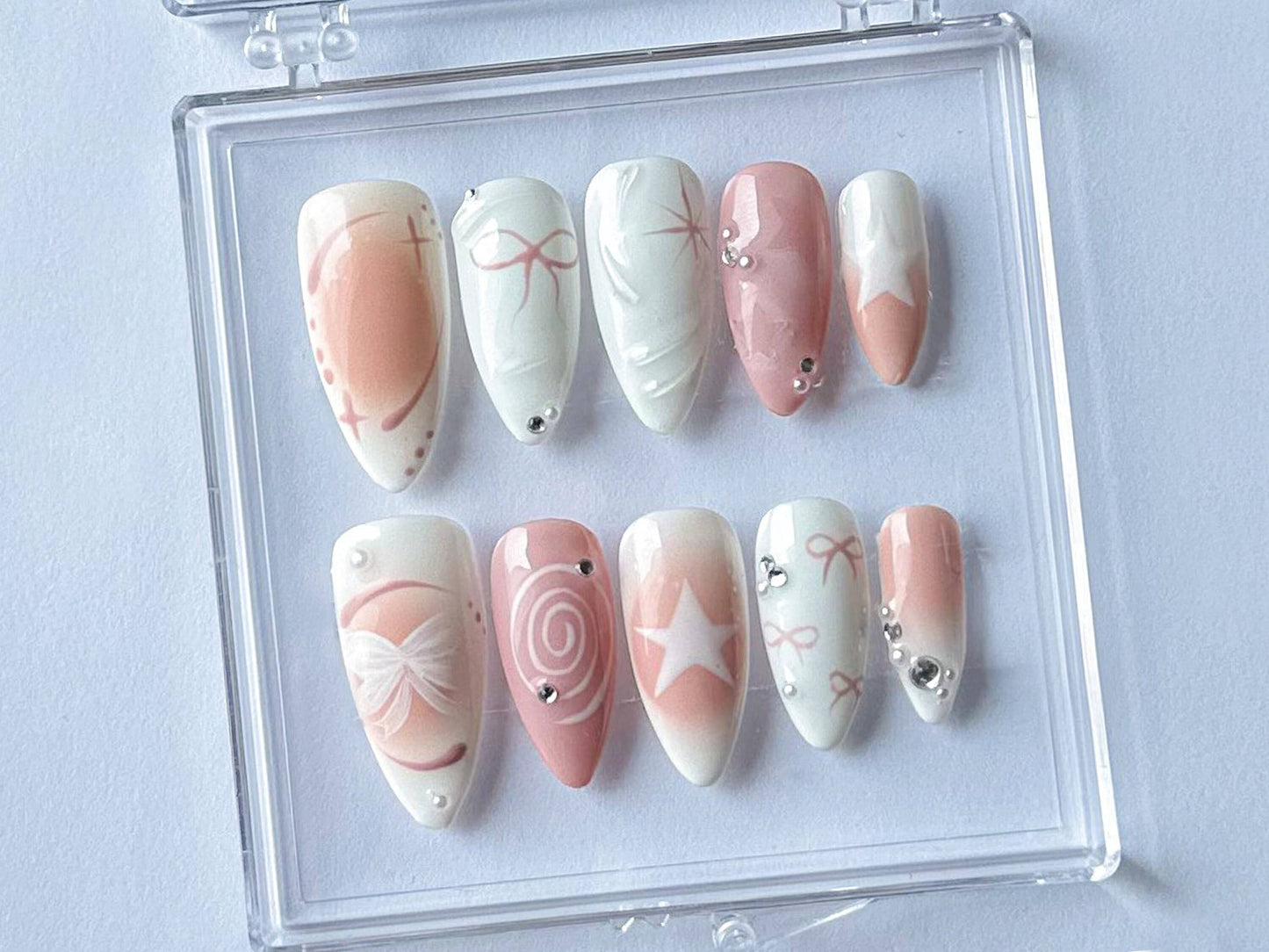 Pearly Pink Press On Nails | Cute bow on Fake Nails | Y2K Inspired 3D Gel Nail | Handmade 3D Gel Nails | Y2k Nails| Gift for her| HD301T