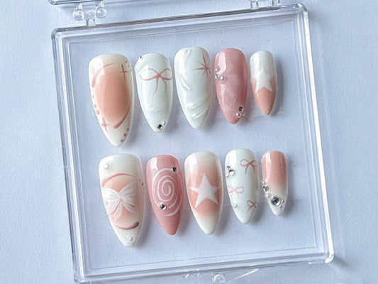 Pearly Pink Press On Nails | Cute bow on Fake Nails | Y2K Inspired 3D Gel Nail | Handmade 3D Gel Nails | Y2k Nails| Gift for her| HD301T