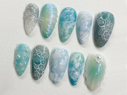 Free Style Blue Mermaid Almond Press On Nails | Handpainted Fake/False Nails | Prom,Event,Birthday Nails | Goth,Gothic,Y2K,Aura Nail | J218S