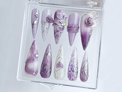 Free-Style Almond Press On Nails | Rosy Purple Press Ons | heart patterns nail art | Floral Violet On Fake Nails | Nail charms | HD345TC