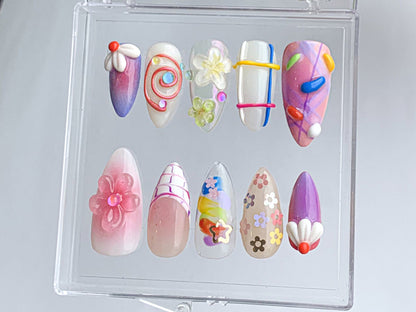 Colorful Spring Press On Nails | SetPlayful & Bright Fake Nails Designs | Vibrant Hand-Painted Nail Art | Nail Charms | Gift for her|HD389TC