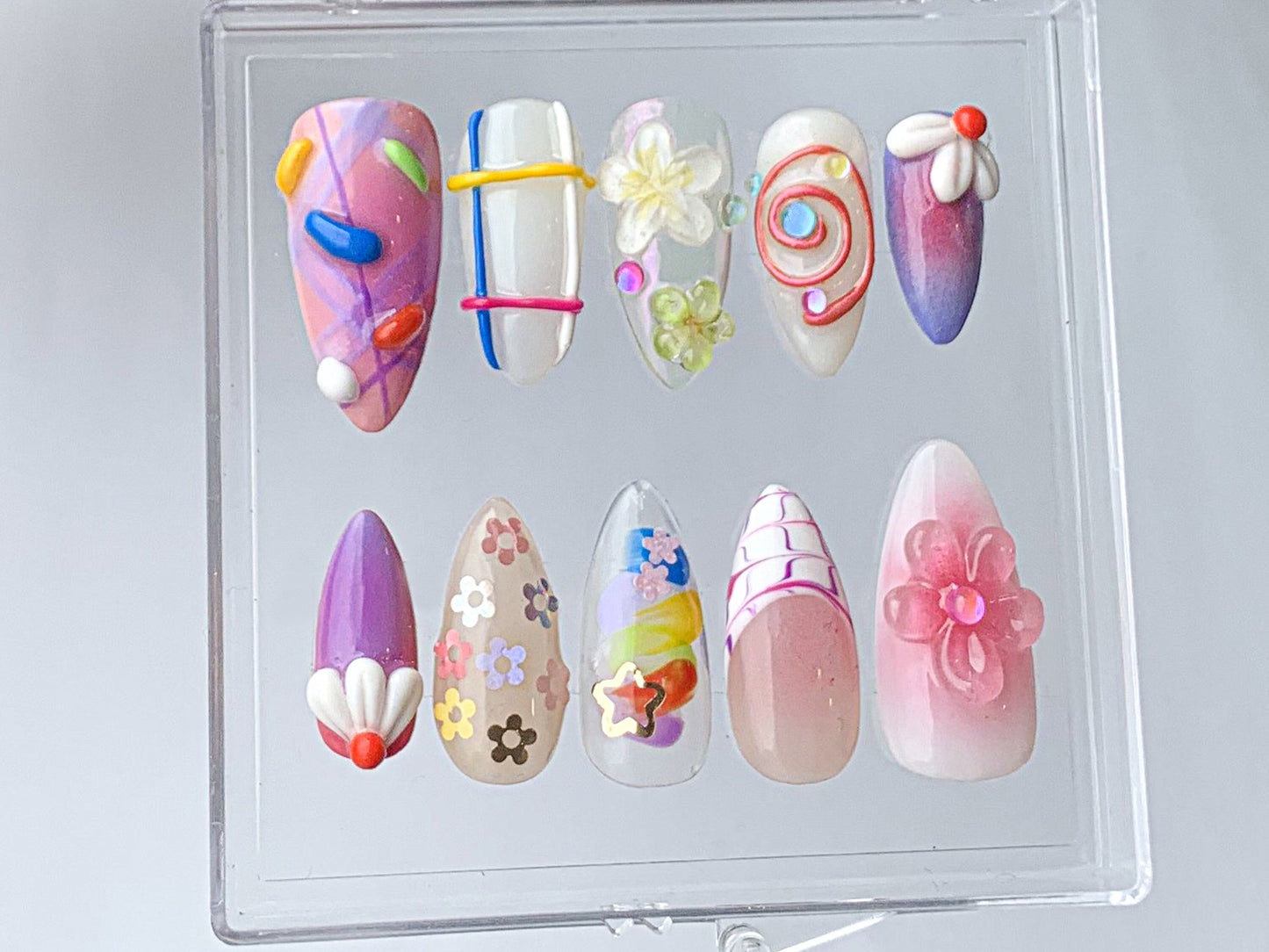 Colorful Spring Press On Nails | SetPlayful & Bright Fake Nails Designs | Vibrant Hand-Painted Nail Art | Nail Charms | Gift for her|HD389TC