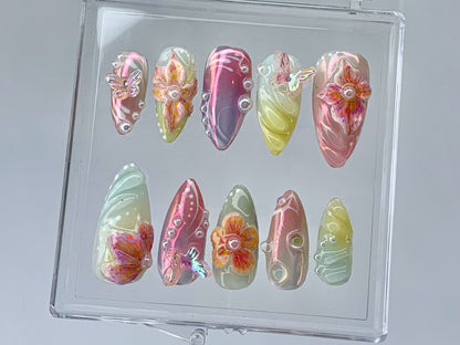 Secret Garden Long Almond Press On Nails | Stunning 3D Floral On Fake Nails | Custom 3D Butterfly Nail Art|Nail Charms, gyaru nails |HD399TK