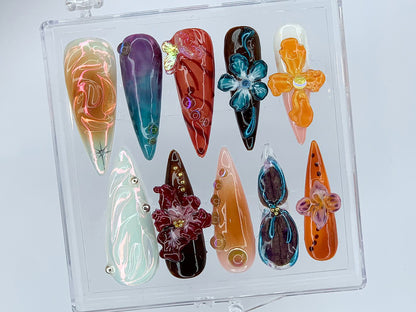 Custom Flower Fairycore Nails | Press On Nails Almond | Dreamy 3D Orchad Floral Press-Ons | Hand-painted Acrylic Spring Fake Nails| HD398AH