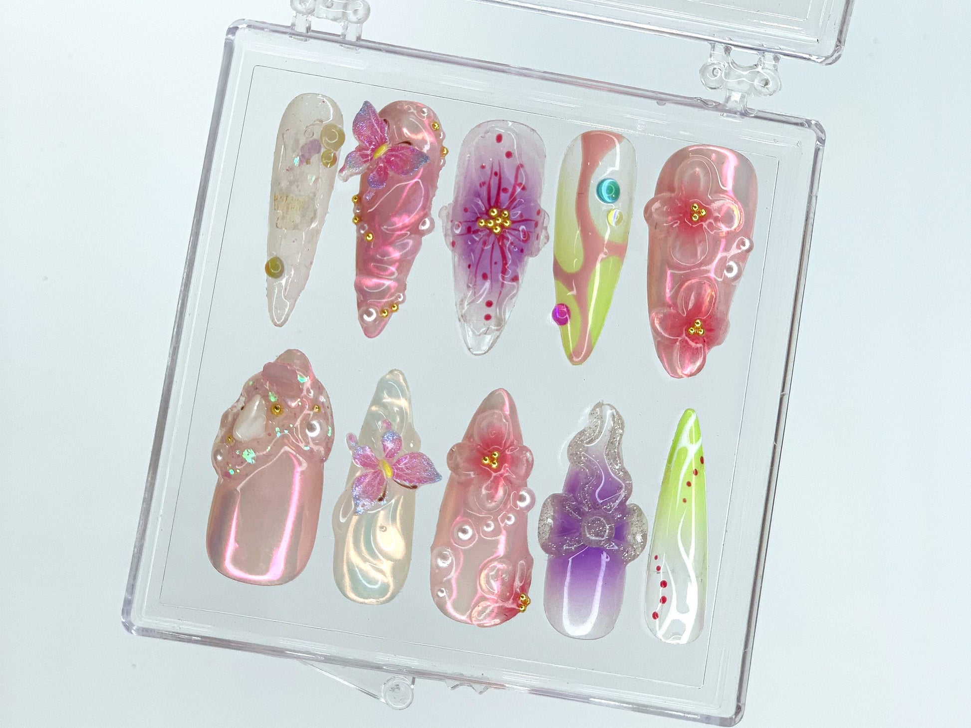 Dreamy Garden Press On Nails Almond | Butterfly Charms| 3D FairyCore Flower Press Ons | Romantic Nail Art in Fake Nails | HD400SL - DoryNail