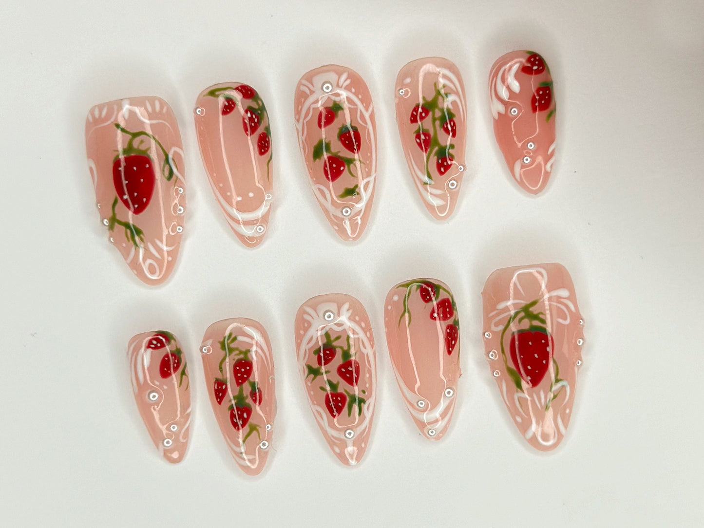 Pink Strawberry Garden Nails | Stand Out with 3D Gel Nail Set | Floral and Strawberry Patterns | Dreamy Garden on Your Fingertips | J271S