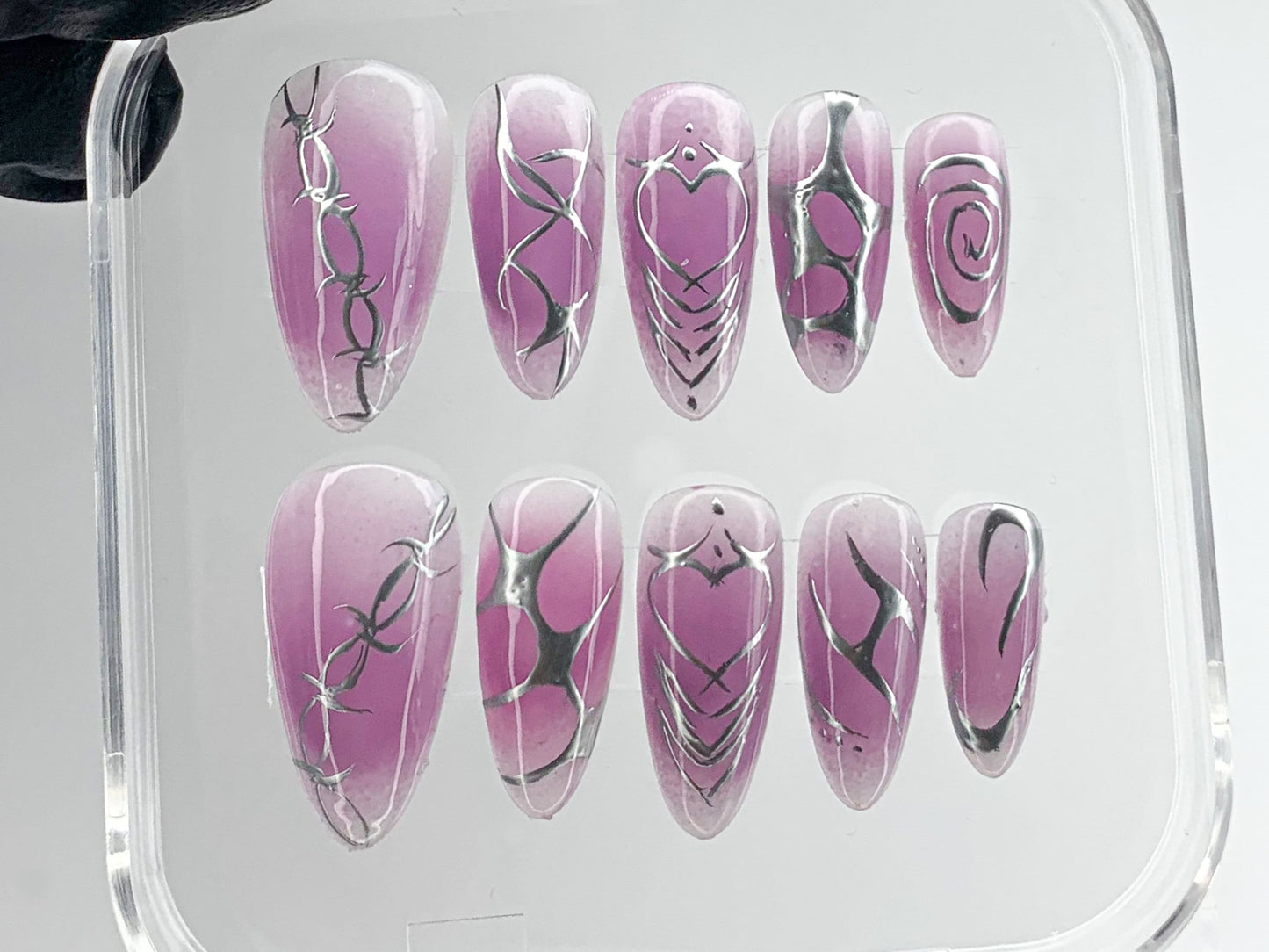 Enchanting Ombre Purple Press On Nails | Detailed Silver Feather Nail Art | Luxurious Feathered Purple Y2k Nails | fake nails | HD133T