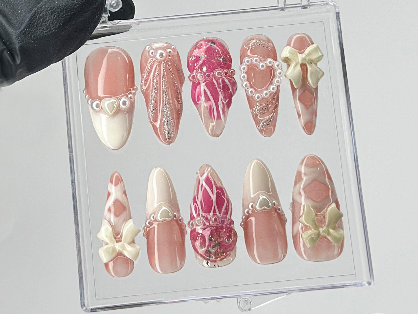 Romantic Bows Press On Nails | Custom Pearl and Glitter Patterns On Fake Nails | French Tip Nail Art | Cute Jellyfish Gyaru Nails | HD410T