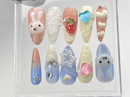 Cartoon Miffy Press On Nails | Heartbeat Nails Press On | Pink 3D Nail Art | Strawberry Fake Nail | Bunny Kawaii Nail Polish | HD411Y