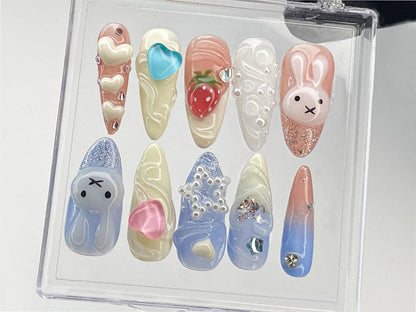 Cartoon Miffy Press On Nails | Heartbeat Nails Press On | Pink 3D Nail Art | Strawberry Fake Nail | Bunny Kawaii Nail Polish | HD411Y