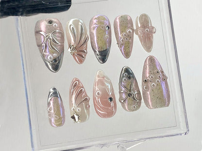 Pink 3D Gel Raised Press On Nail | Fluttery Butterfly Nail Art | Y2K Style Nails | Secret Garden Flower Nails | Silver Fake Nails | HD412Y