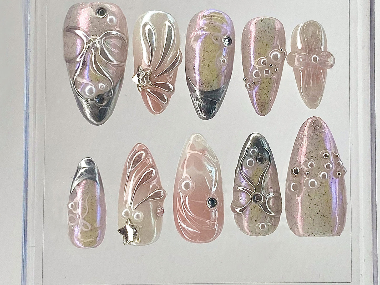 Pink 3D Gel Raised Press On Nail | Fluttery Butterfly Nail Art | Y2K Style Nails | Secret Garden Flower Nails | Silver Fake Nails | HD412Y