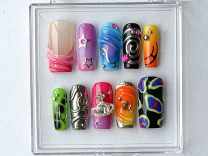 Vibrant Handcrafted Press On Nails | Colorful, Artistic Fake Nails | Globe charms on Acrylic Nails | Trendy and Unique Nail Art | HD376T