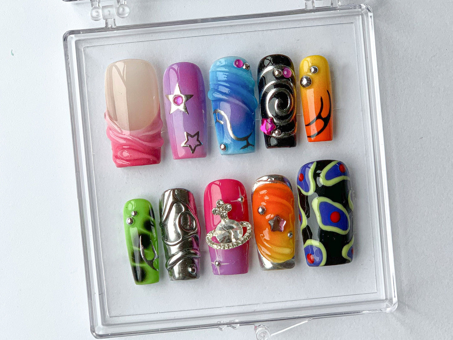 Vibrant Handcrafted Press On Nails | Colorful, Artistic Fake Nails | Globe charms on Acrylic Nails | Trendy and Unique Nail Art | HD376T