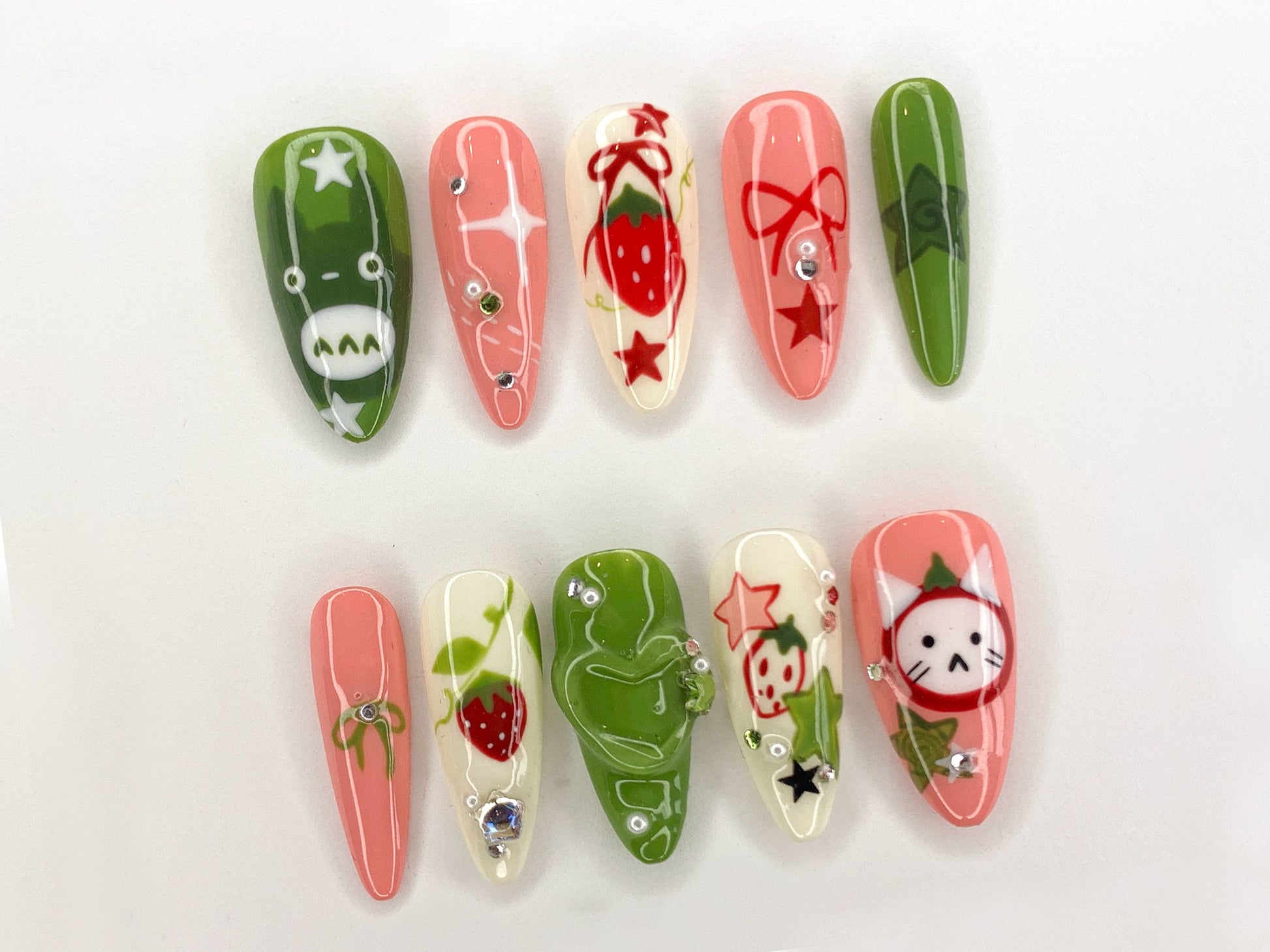 Ghibli Long Almond Press On Nails | Free Style Handpainted Cartoon in Fake Nails | Anime Nails Art | Miffy Nails | Abstract Nails| J284S - DoryNail