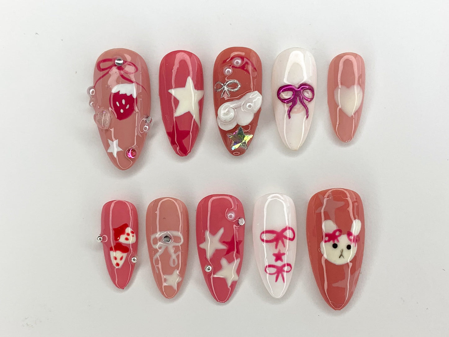 Pink Miffy Long Almond Press On Nail | Cute Bunny False Nails Art | Strawberry, Stars and Bow Nails for Holiday Birthday Easter | J295S