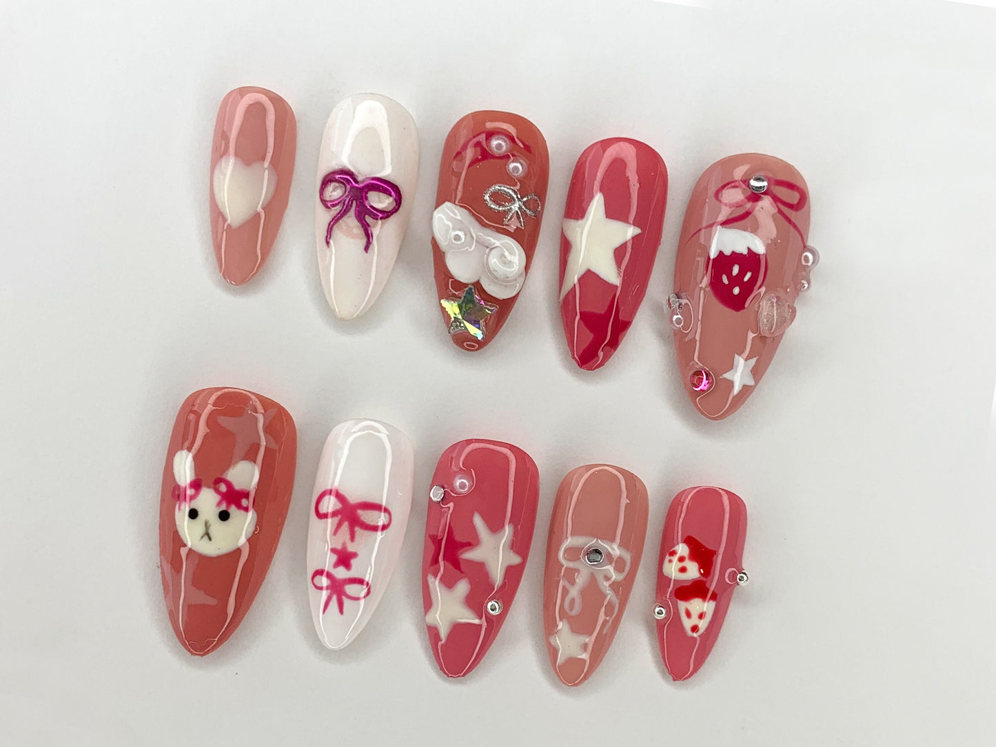 Pink Miffy Long Almond Press On Nail | Cute Bunny False Nails Art | Strawberry, Stars and Bow Nails for Holiday Birthday Easter | J295S