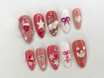 Pink Miffy Long Almond Press On Nail | Cute Bunny False Nails Art | Strawberry, Stars and Bow Nails for Holiday Birthday Easter | J295S