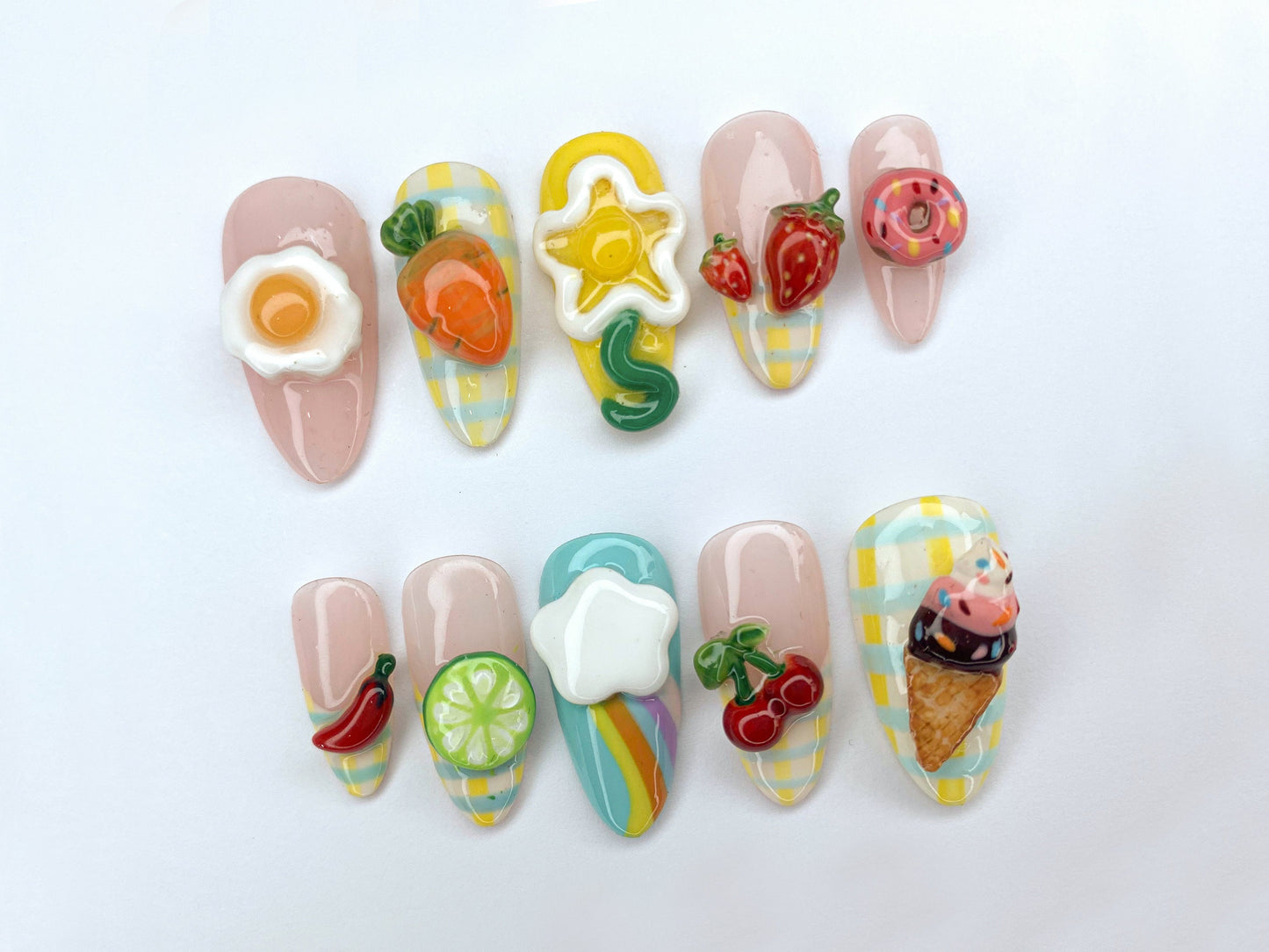 Fun and Whimsical 3D Nail Art Set | Food and Fruit Designs with Eggs, Carrots, Ice Cream, and More | Handmade Press On Nails | J299SL