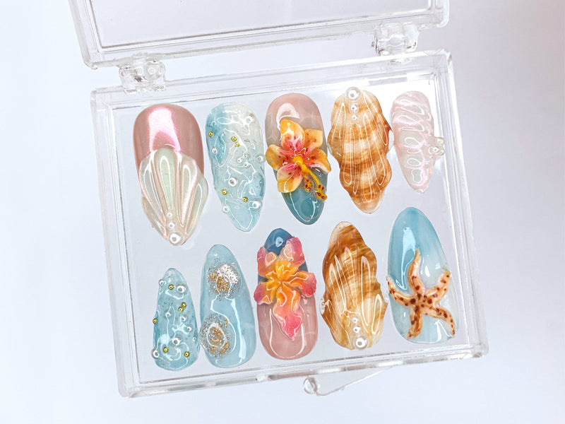 Tropical Beach 3D Press On Nails | Ocean-Inspired Designs with Flowers, Seashells, and Starfish | Handmade Press On Nail