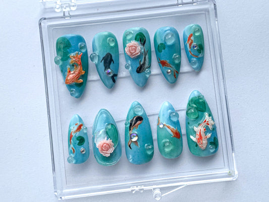 Ocean-Inspired Press On Nails | Hand Painted Koi Fish Nail Art | Blue with Underwater Flowers charms On Fake Nails | Ocean Nails | HD385T