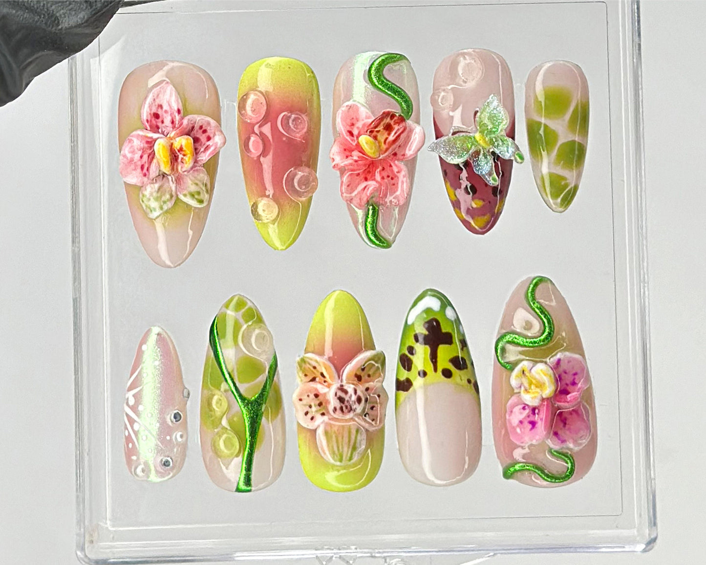 Floral Orchid Press On Nails | Intricate Flower and Leaf Patterns On Fake Nails | press on nails almond | Romantic Nail Art | HD424TL