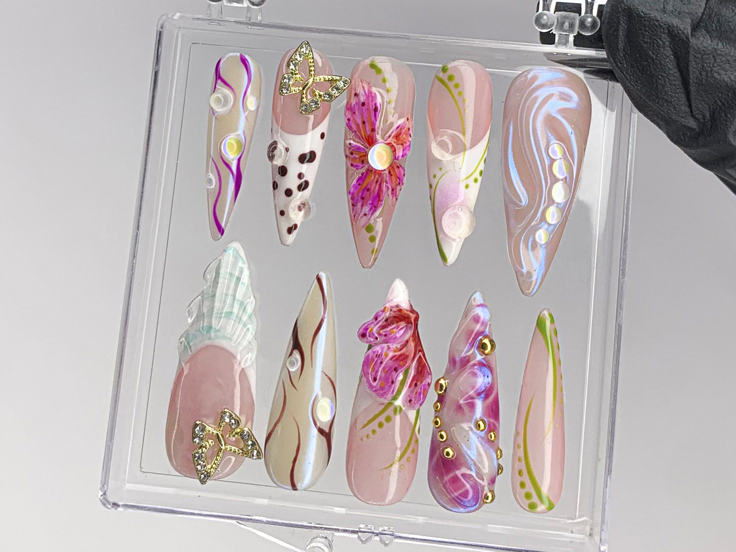 Luxurious butterfly Press On Nails | Stunning 3D Floral On Fake Nails | French Tips Nail Art | Nail Charms, gyaru nails | press ons| HD429TK