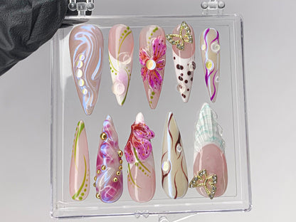 Luxurious butterfly Press On Nails | Stunning 3D Floral On Fake Nails | French Tips Nail Art | Nail Charms, gyaru nails | press ons| HD429TK