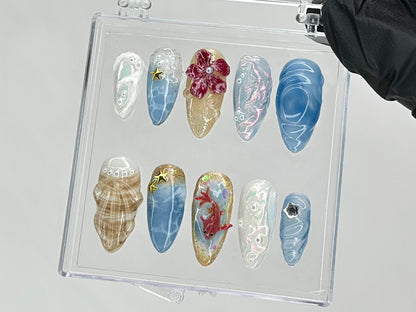 Ocean-Inspired Press On Nails | 3D Sea Shell and Starfish Ocean Nails | nails press on | Summer nails | Koi fish Acrylic nails  | HD430TH