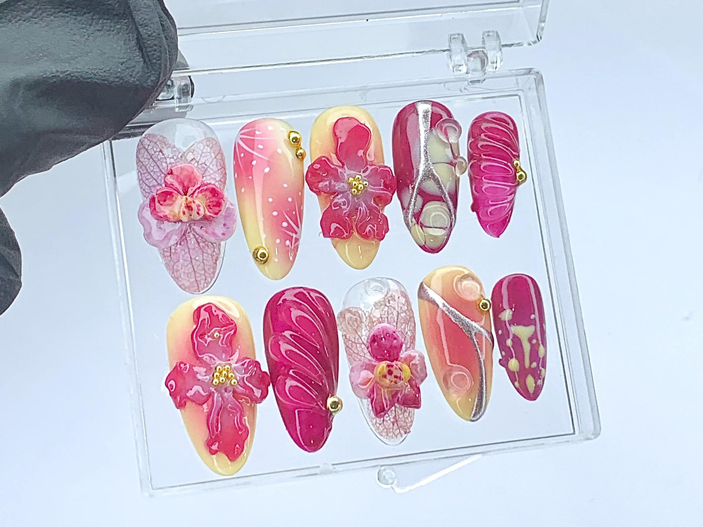 Blooming Flowers Press On Nails | 3D Chrome Flowers Acrylic Nails | Stunning Floral False Nails Press On| Spring Summer Nail Art | HD423YL - DoryNail