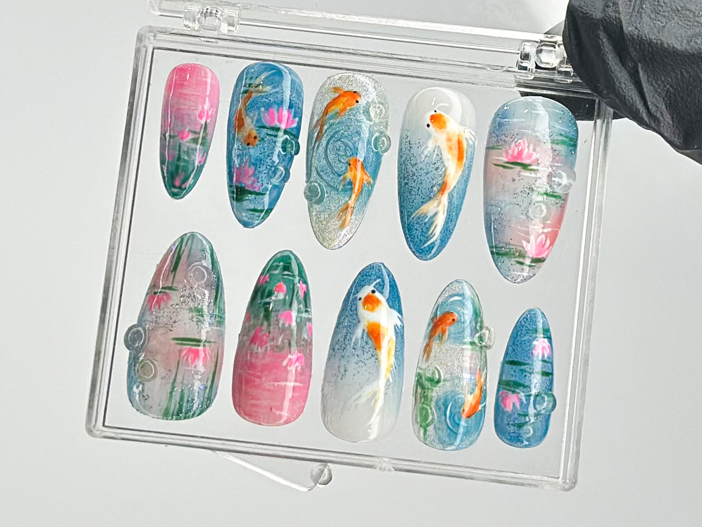 Ocean-Inspired Press On Nails | Hand-Painted Koi Fish Press On Nails | Floral Lotus Nail Art | Ocean Nails | Summer Press On nails | HD432TL