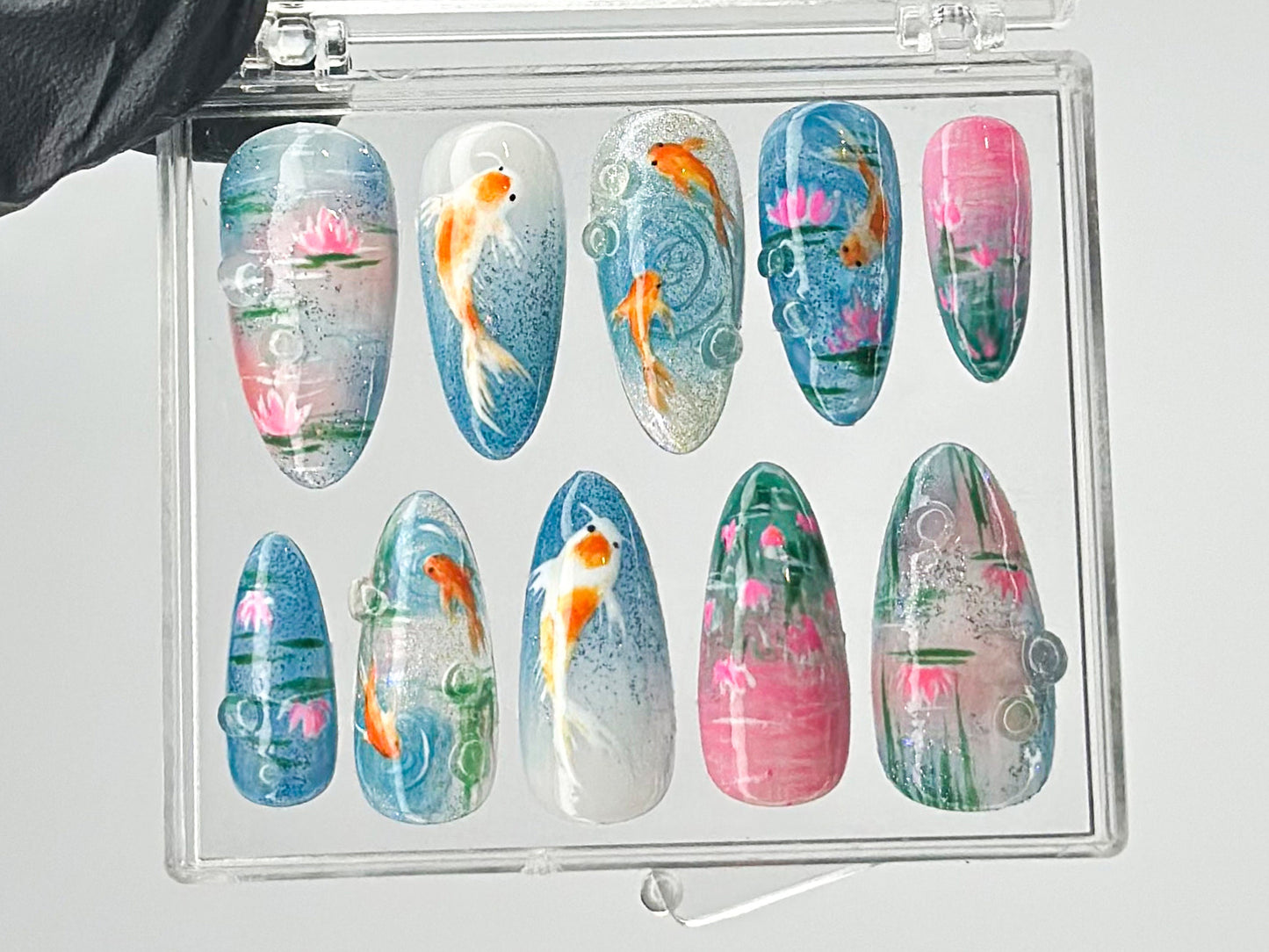 Ocean-Inspired Press On Nails | Hand-Painted Koi Fish Press On Nails | Floral Lotus Nail Art | Ocean Nails | Summer Press On nails | HD432TL