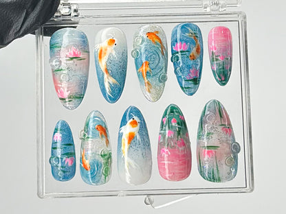 Ocean-Inspired Press On Nails | Hand-Painted Koi Fish Press On Nails | Floral Lotus Nail Art | Ocean Nails | Summer Press On nails | HD432TL