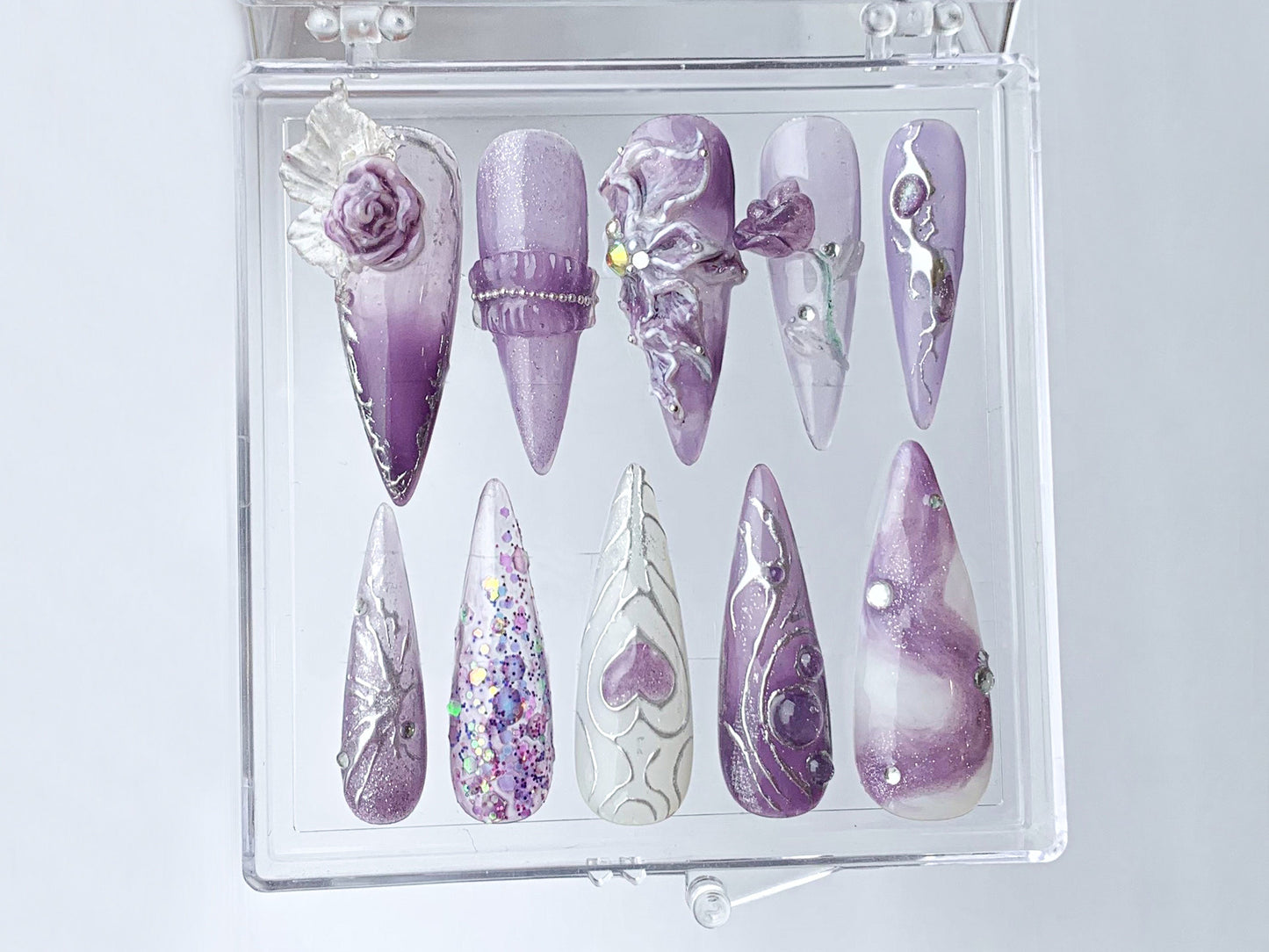 Free-Style Almond Press On Nails | Rosy Purple Press Ons | heart patterns nail art | Floral Violet On Fake Nails | Nail charms | HD345TC