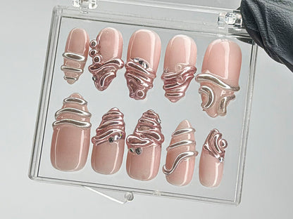 Luxury Rose Gold Press On Nails | Unique 3D Chrome Accents On Fake Nails | French Tips chrome Nail Art | Gift for her | HD538T