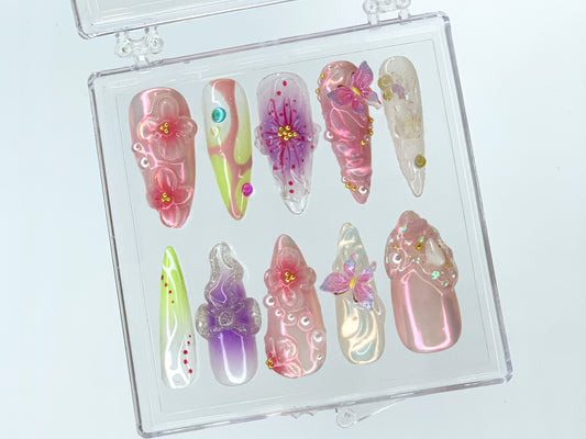 Dreamy Garden Press On Nails Almond | Butterfly Charms| 3D FairyCore Flower Press Ons | Romantic Nail Art in Fake Nails | HD400SL - DoryNail