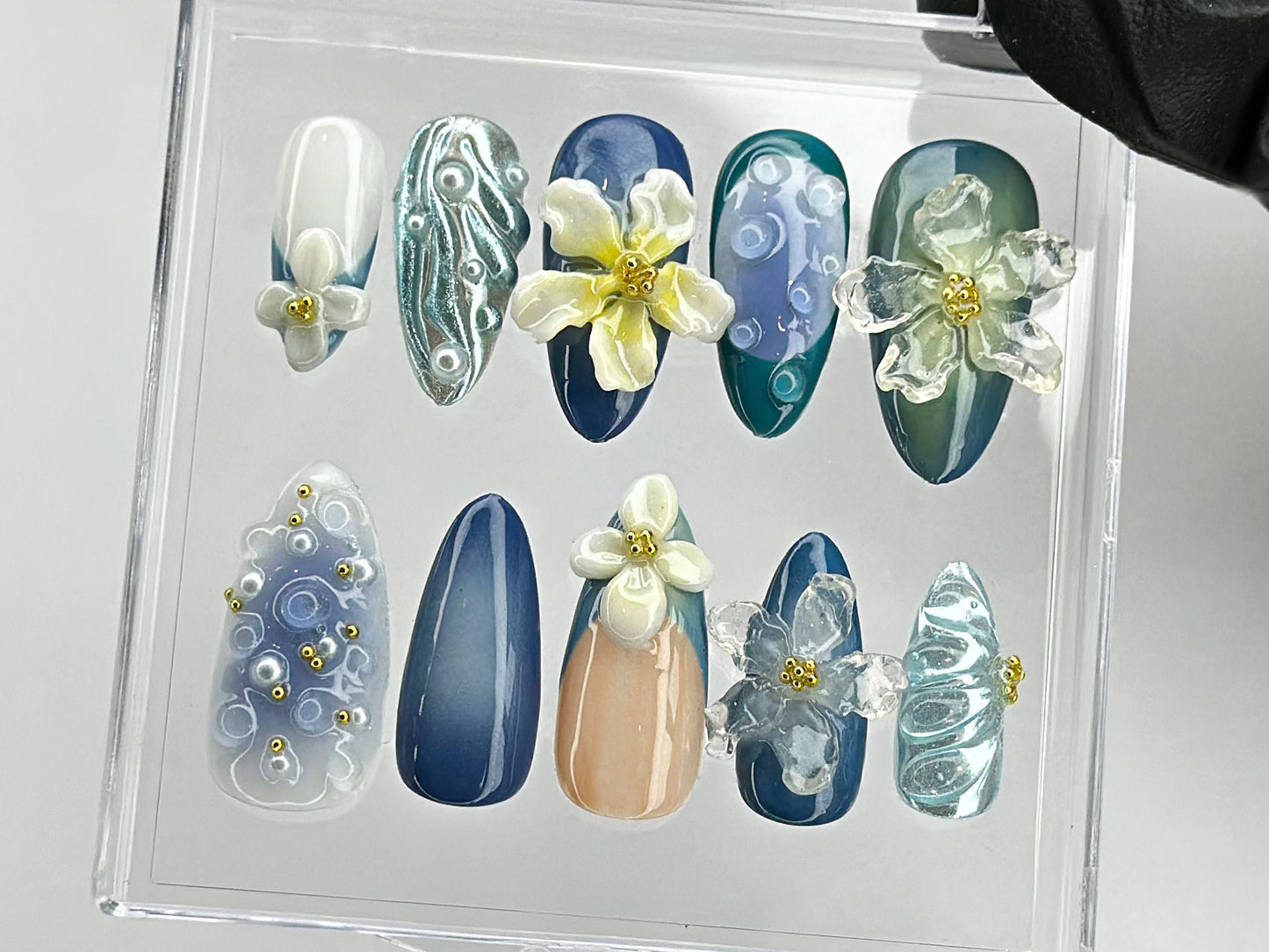 Elegant 3D Floral Press On Nails | Hand-painted Acrylic Spring Fake Nails | Ocean Blue and Pearl Nail Art | Nail Charms | Press Ons |HD439TL