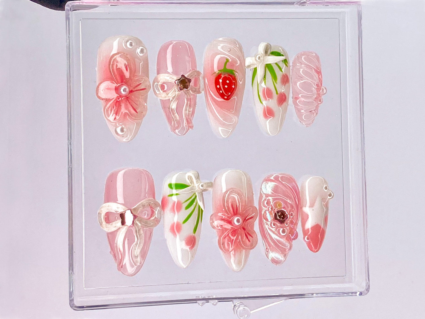 Sweet Strawberry Charm Press On Nail | Pink Bows and Flowers Nail | Floral Strawberry | Delicate Pink Floral | Y2K White Star Nail | HD433YL