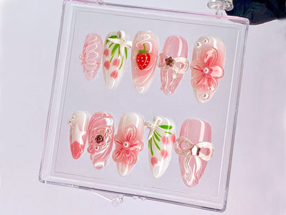 Sweet Strawberry Charm Press On Nail | Pink Bows and Flowers Nail | Floral Strawberry | Delicate Pink Floral | Y2K White Star Nail | HD433YL